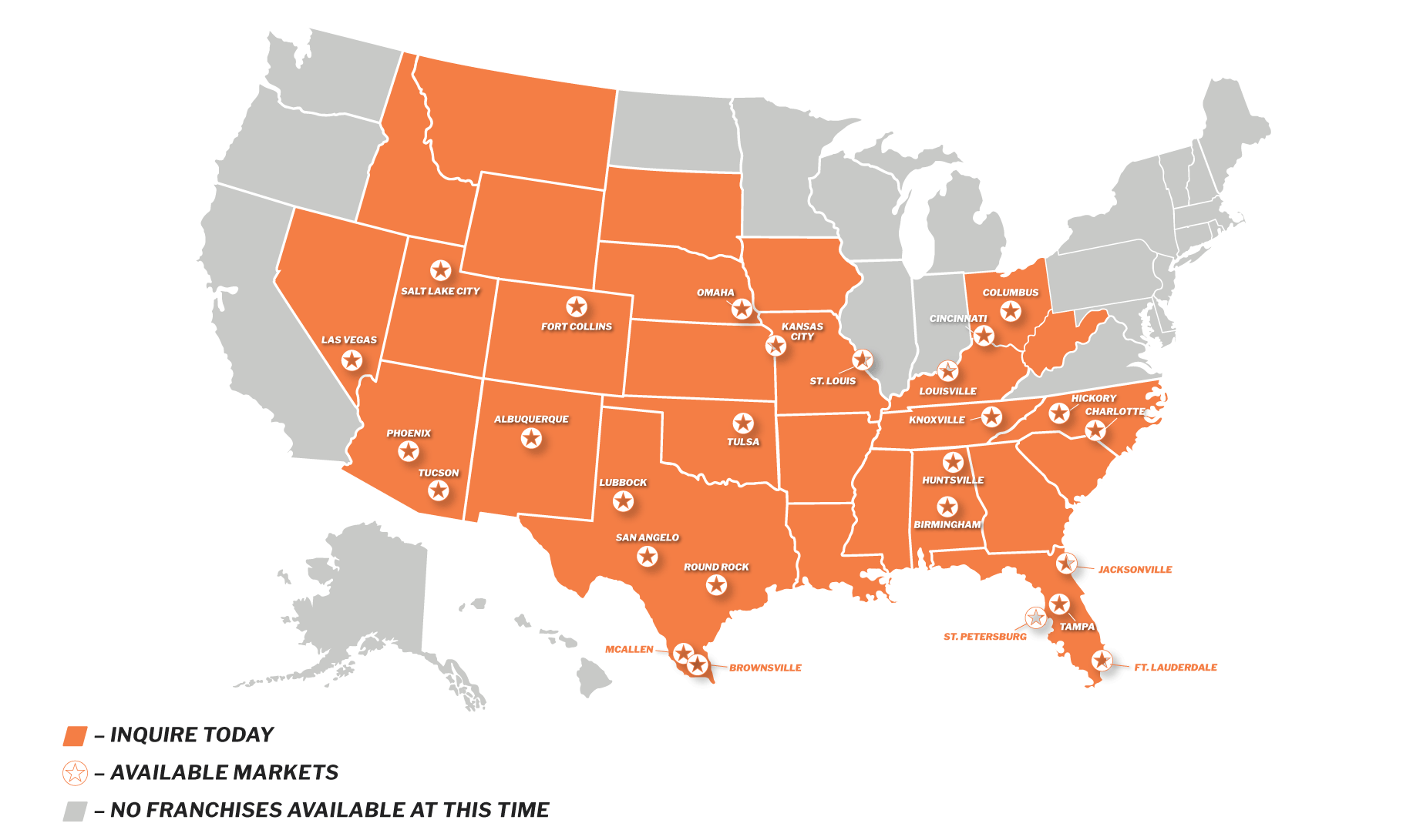 5 Star Nutrition franchise territory map showing available markets across the United States
